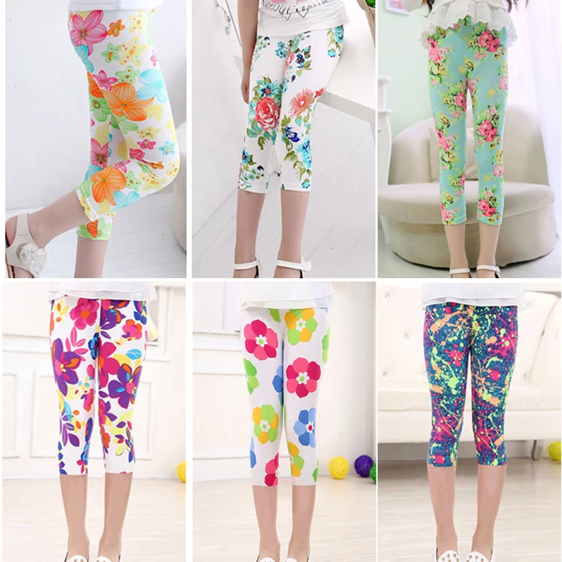 3-10years Mädchen Cropped Hosen Floral Print Blume Kinder Kalb Länge Dünne Hosen Stretch Leggings Kinder Alle-spiele Böden