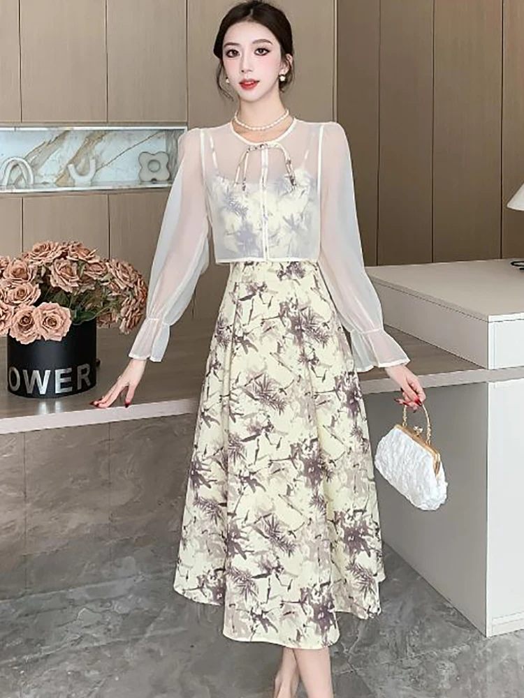 

Spring Summer Fashion Print Sling Dress+White Long Sleeve Shirts Two Piece Sets 2024 Women Korean Fashion Elegant Dress Suits