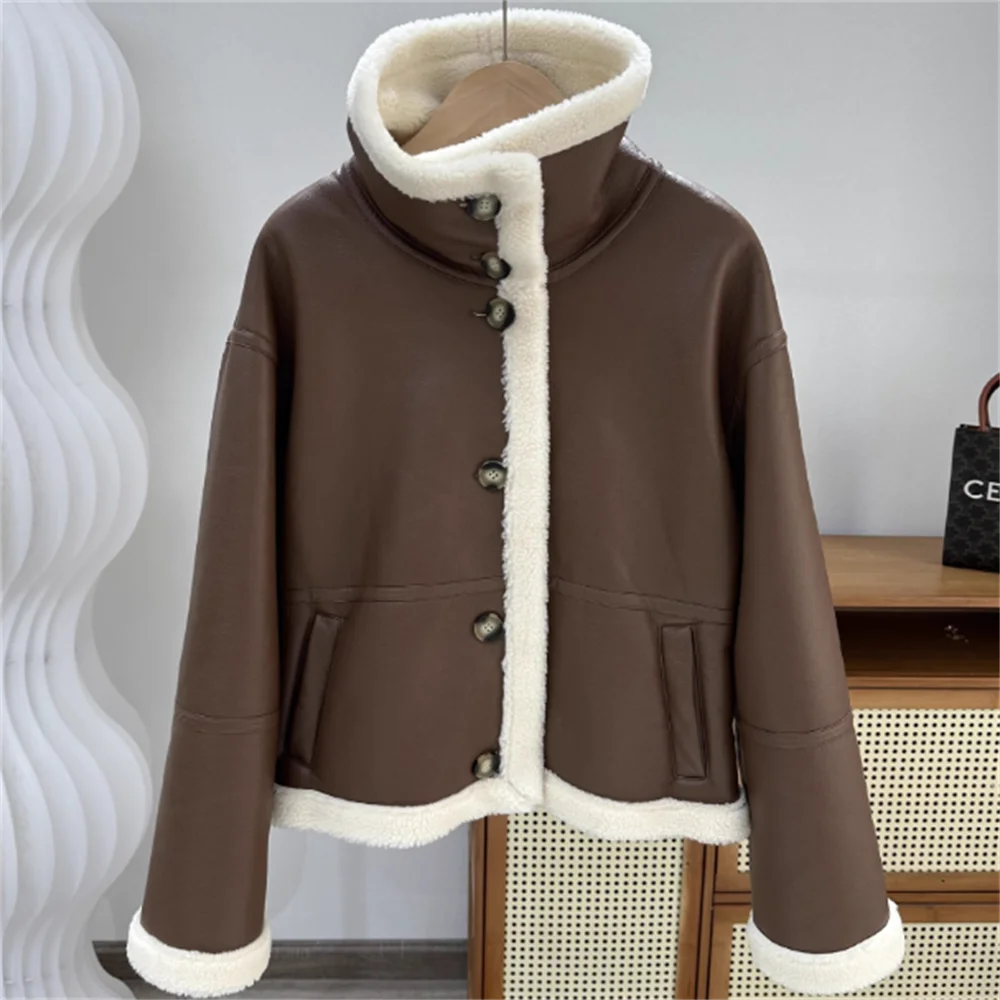 

Женская свободная мотоциклетная куртка из овечьей шерсти, осенне-зимнее пальто из искусственной кожи