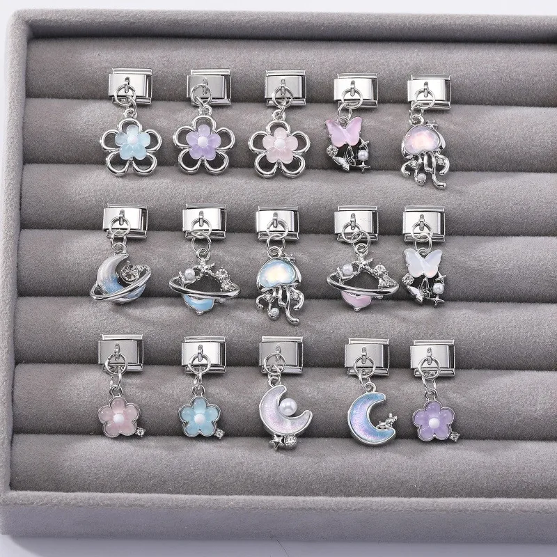 Vintage Glitter Pendant Italian Charm Links Fit 9MM Stainless Steel Bracelet