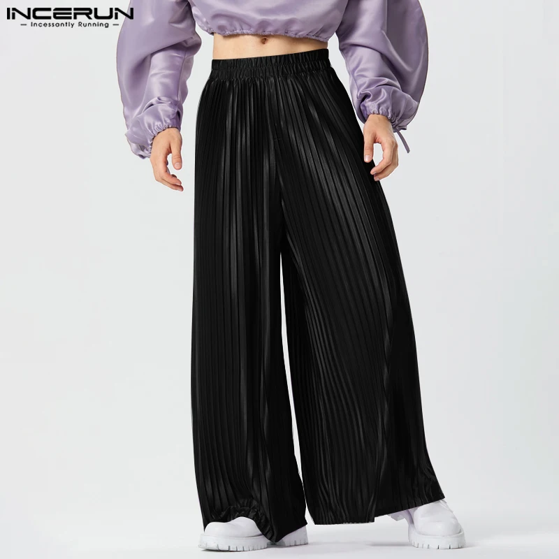 

INCERUN Men Wide Leg Pants Pleated Solid Color Elastic Waist Loose Trousers Men Streetwear 2023 Joggers Fashion Casual Pantalon