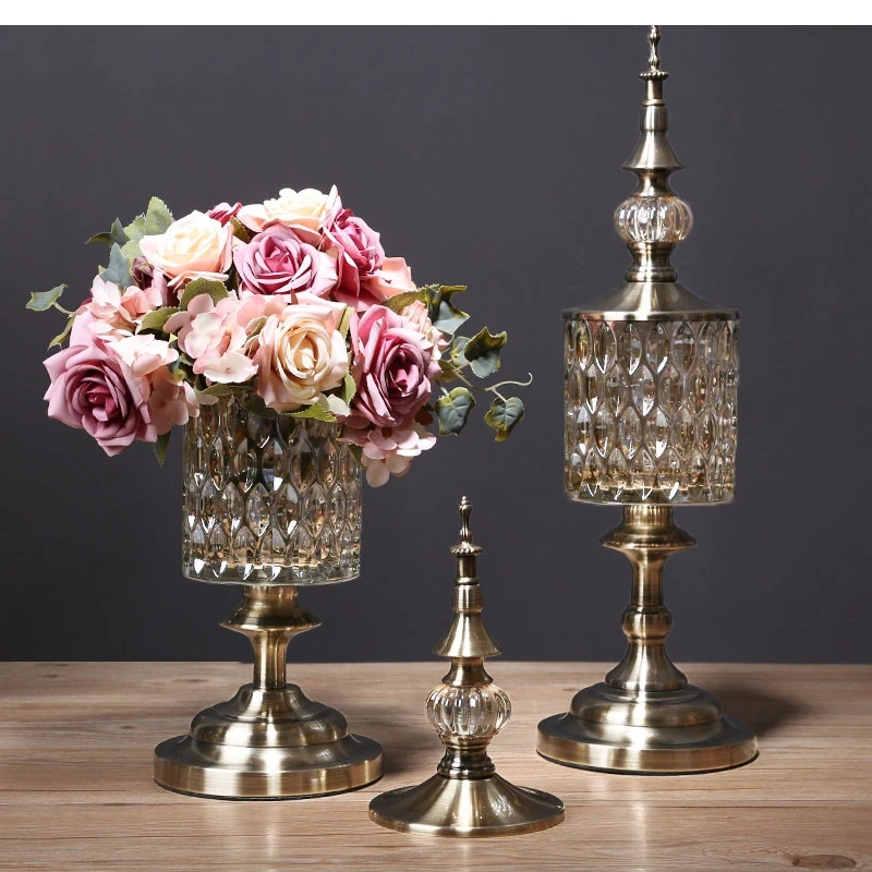

Creative Metal Crystal Glass Vase Candy Jar Modern Home Decoration Simulation Flower Dining Table Flower Arrangement Accessories
