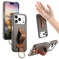 Lychee Pattern Leather Wrist Strap Phone Case with Ring Holder - iPhone 14(iPhone 13) (Grey)