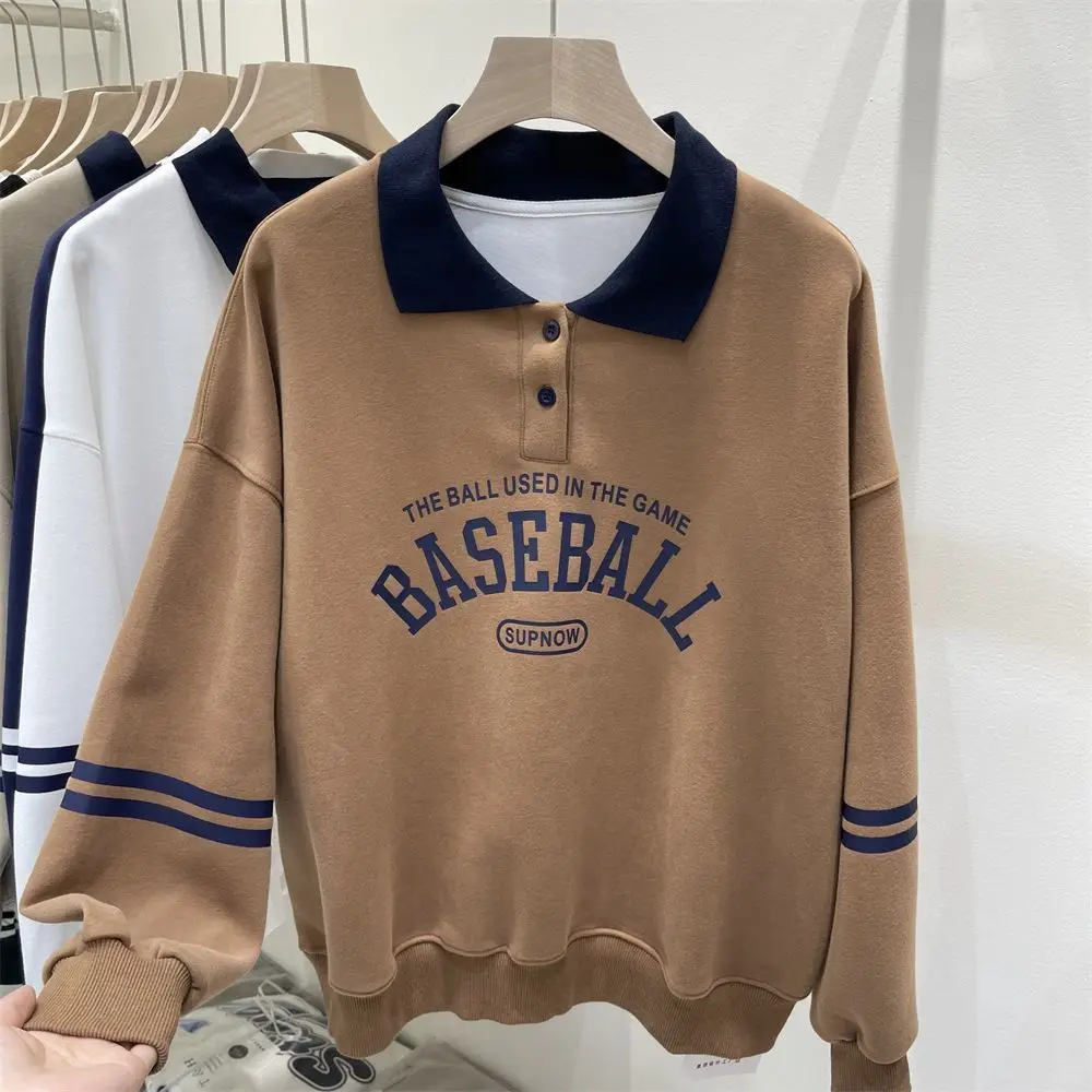 

2022 Khaki Brown Baseball Letter Print POLO Shirt Sweatshirt Loose Casual Preppy Students Pullover Winter Clothes Korean Fashion