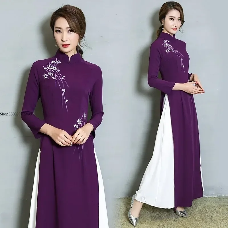 Traditional Vietnam Woman Retro Ao Dai Elegant Chinese Style Cheongsam Vintage Floral Festival Wedding Evening Qipao Dress