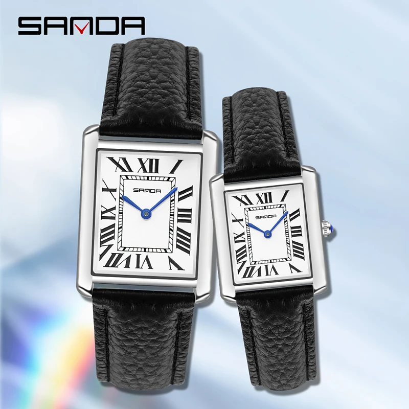 

Sanda Rectangular Watches for Women Silver Case Black Band Leather Quartz Wrist Watch Reloj Mujer Elegante Fashion Ladies Clock