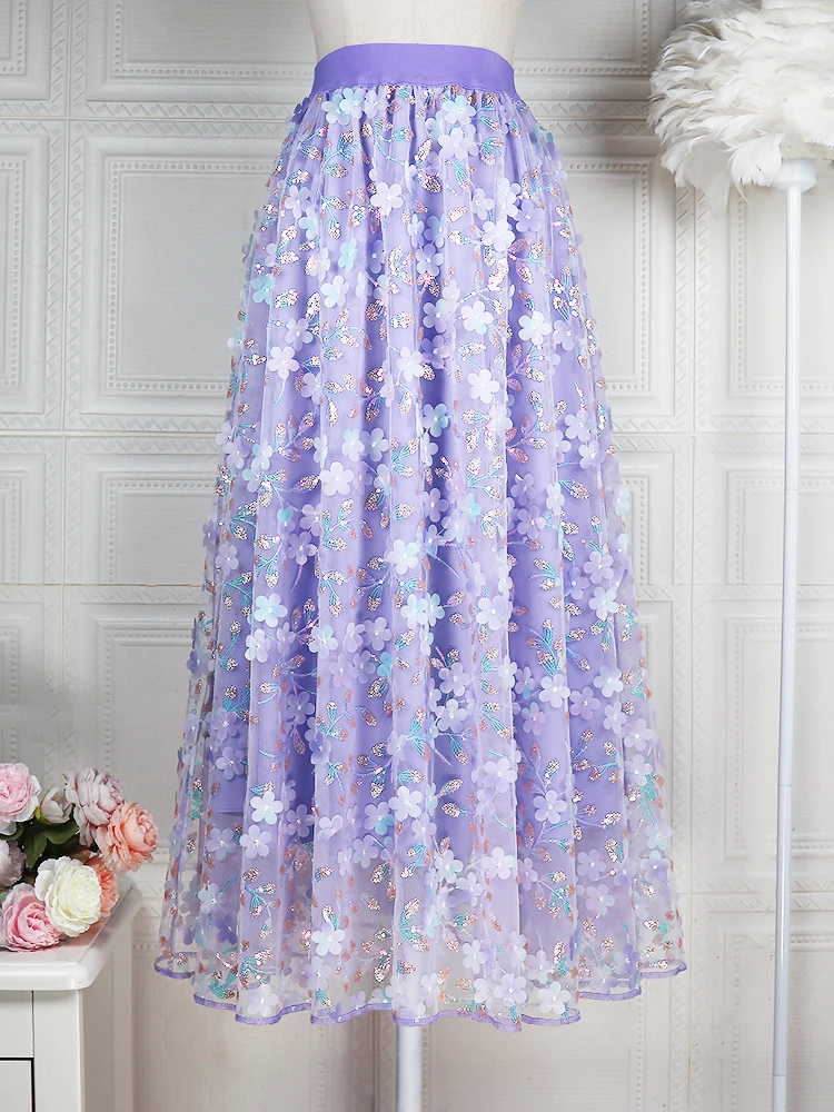 Glitter Three-Dimensional Embroidery Tulle Skirt 2024 Spring And Summer High Waist Slimming Mid-Length Super Fairy Purple Skirts