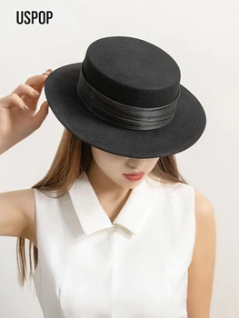 USPOP Women’s Wool Felt Flat Top Hat – Autumn Winter Minimalist Fashion Fedora with Linen Ribbon, Outdoor Warm Elegant Cap