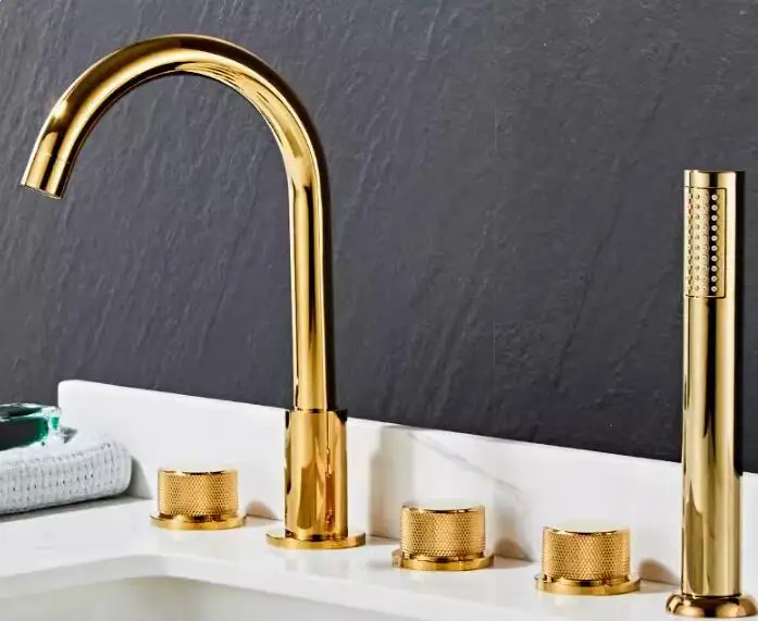 MTTUZK Hot and Cold Water Brass Massage Golden Bathtub Faucet Bathroom Shower Cabin Faucet Shower Room 5 Hole Mixing Valve Taps 2
