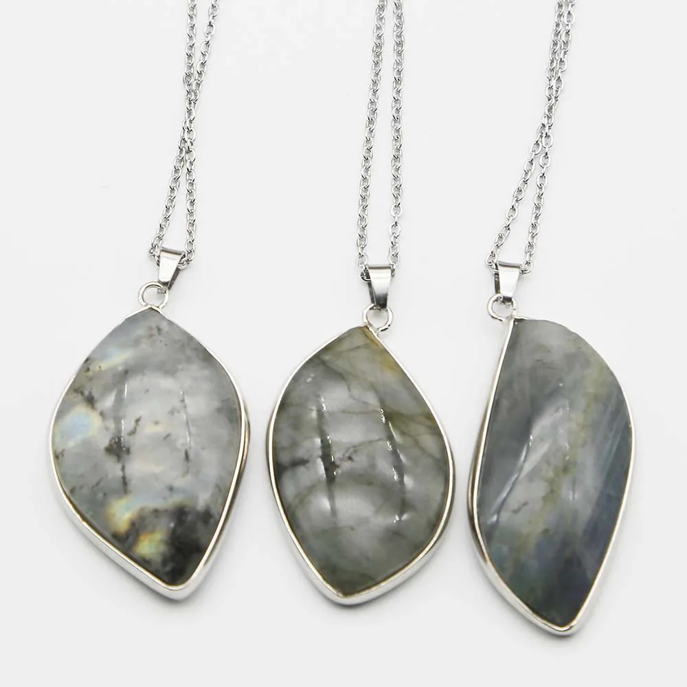 Natural Labradorite Stone Silver Edge Irregular Pendant Stainless Steel Chain Necklace Charms Jewelry Accessories Wholesale 6Pcs