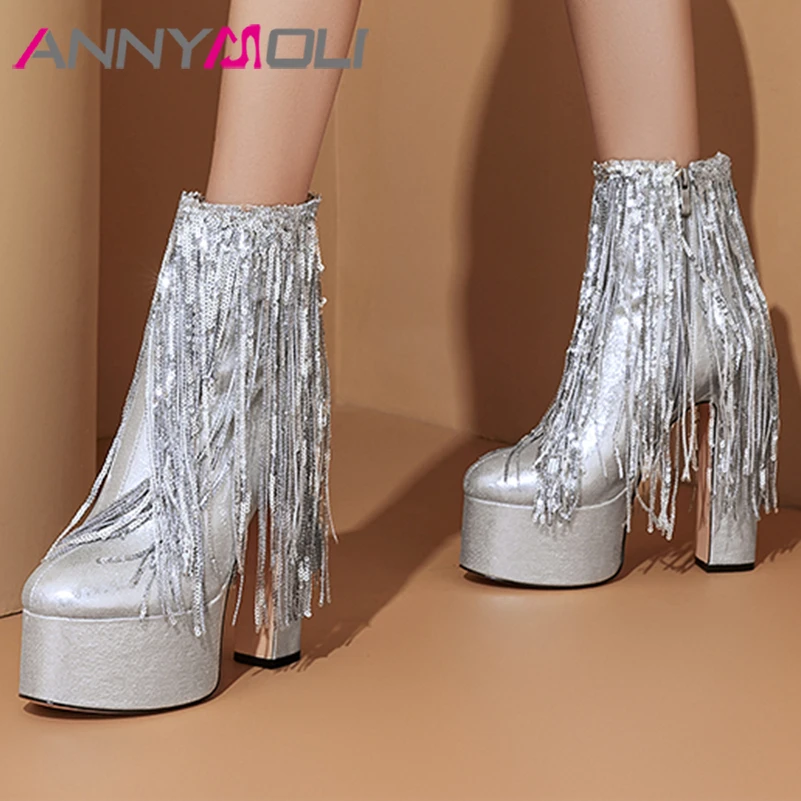 

ANNYMOLI Women Ankle Short Boots Round Toe Thick High Heels Platform Zipper Tassel Metallic Boots Ladies Fashion Shoes Winter 45