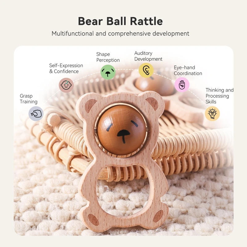 Baby Wooden Cartoon Bear Rattle Toy Newborn Teeth Chew And Grind Toys BPA-Free Crib Music Soothing Toys Newbaby Christmas Gift 2