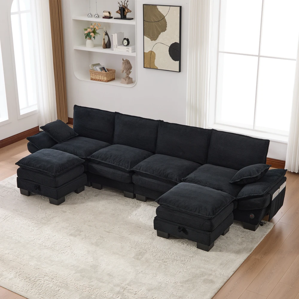 Modulares 4-Sitzer-Sofa mit Kabelanschluss, hochdichter Schaumstoffpolsterung, USB-C-Anschluss und Seitentaschen. Ideal für Wohnzimmer, Büro oder Lounge – Detail 26