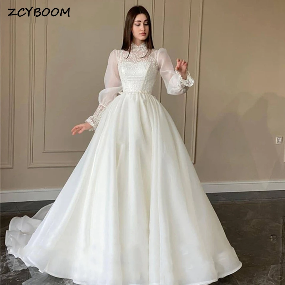 

Charming White High-Neck Lace Appliques Wedding Dresses 2024 A-Line Floor Length Sweep Train Chiffon Lantern Sleeve Bridal Gown