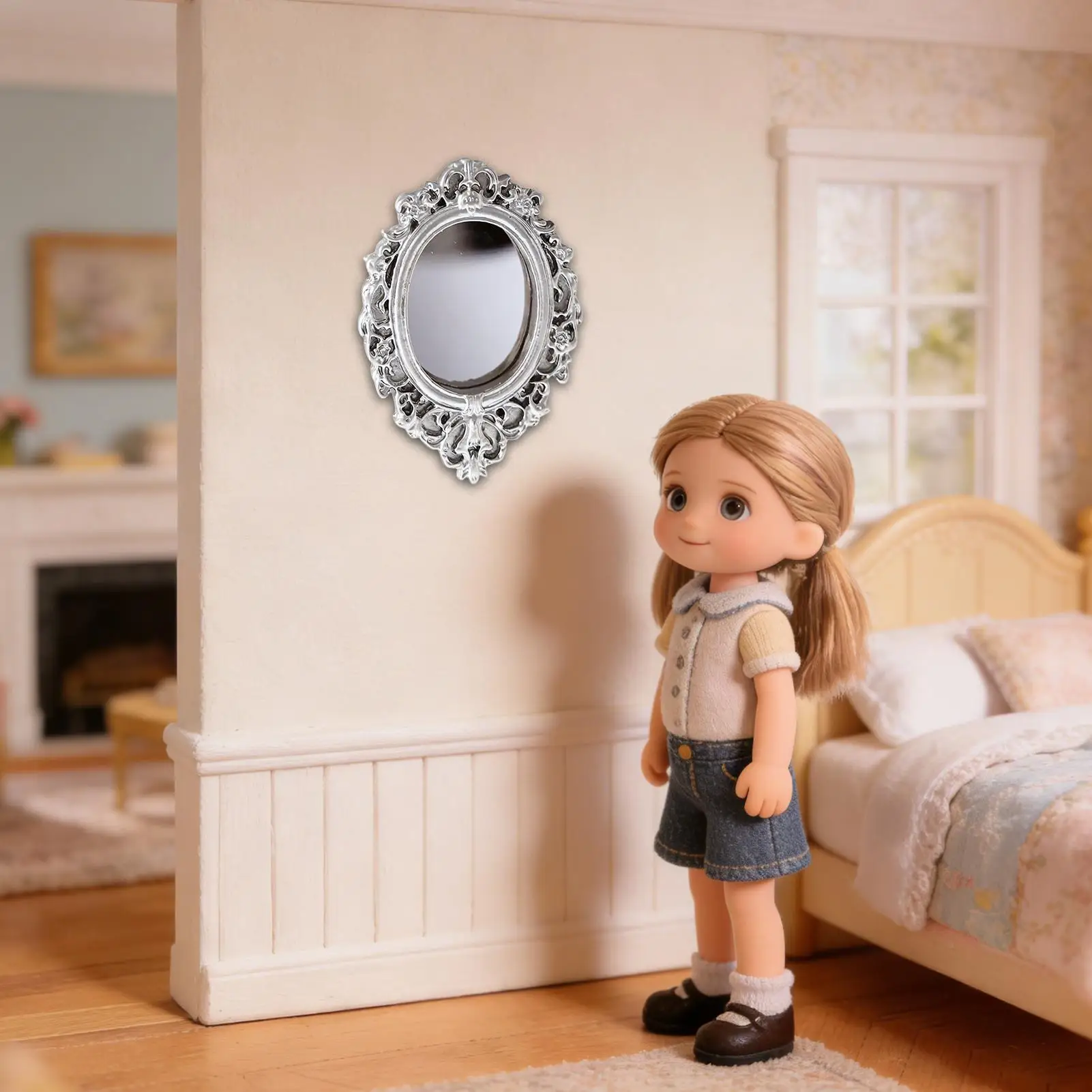 골든 프레임 인형의 집 드레싱 거울 인형 액세서리 원형 거울 빈티지 우아한 작은 거울 벽 장식 미니 가구 장난감