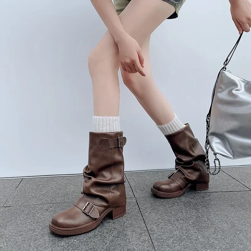 Autumn Winter Thick High Heels Women Mid Calf Boots 2023 Hot Sale Gothic Calves Motorcycles Boots Buckle Comfy Walking Boots