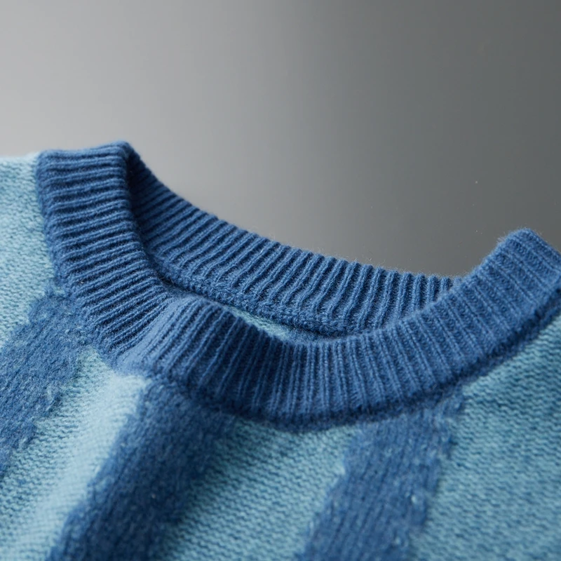 Autumn and winter men's 100% merino wool loose O-neck color matching striped pullover sweater casual cashmere knitted bottoming 5