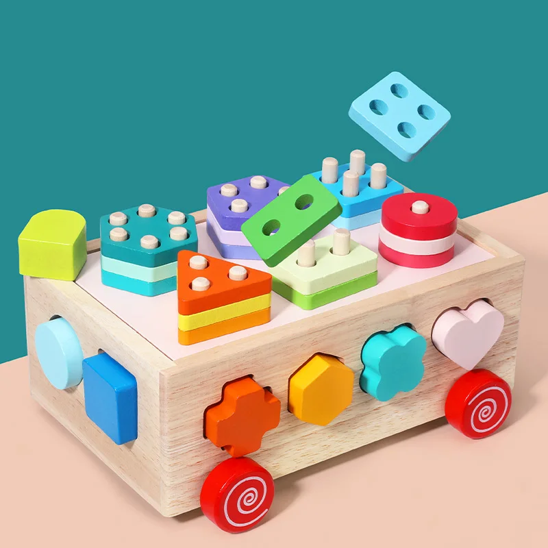 Wooden Shapes Sort Car Toys Montessori Early Education Puzzles Sorter Matching Blocks Box Game Holiday Gifts For Children 2