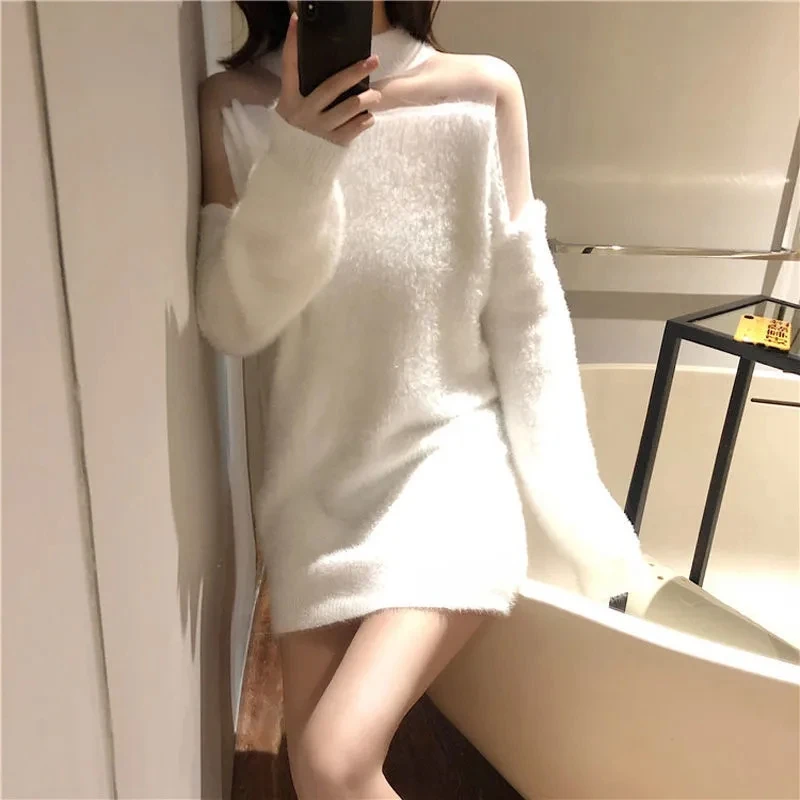 

Fall/Winter 2024 New Imitation Mink Velvet Knitted Dress Women's Outside Wear Clavicle Mesh Stitching Thick Warm Bottoming Skirt