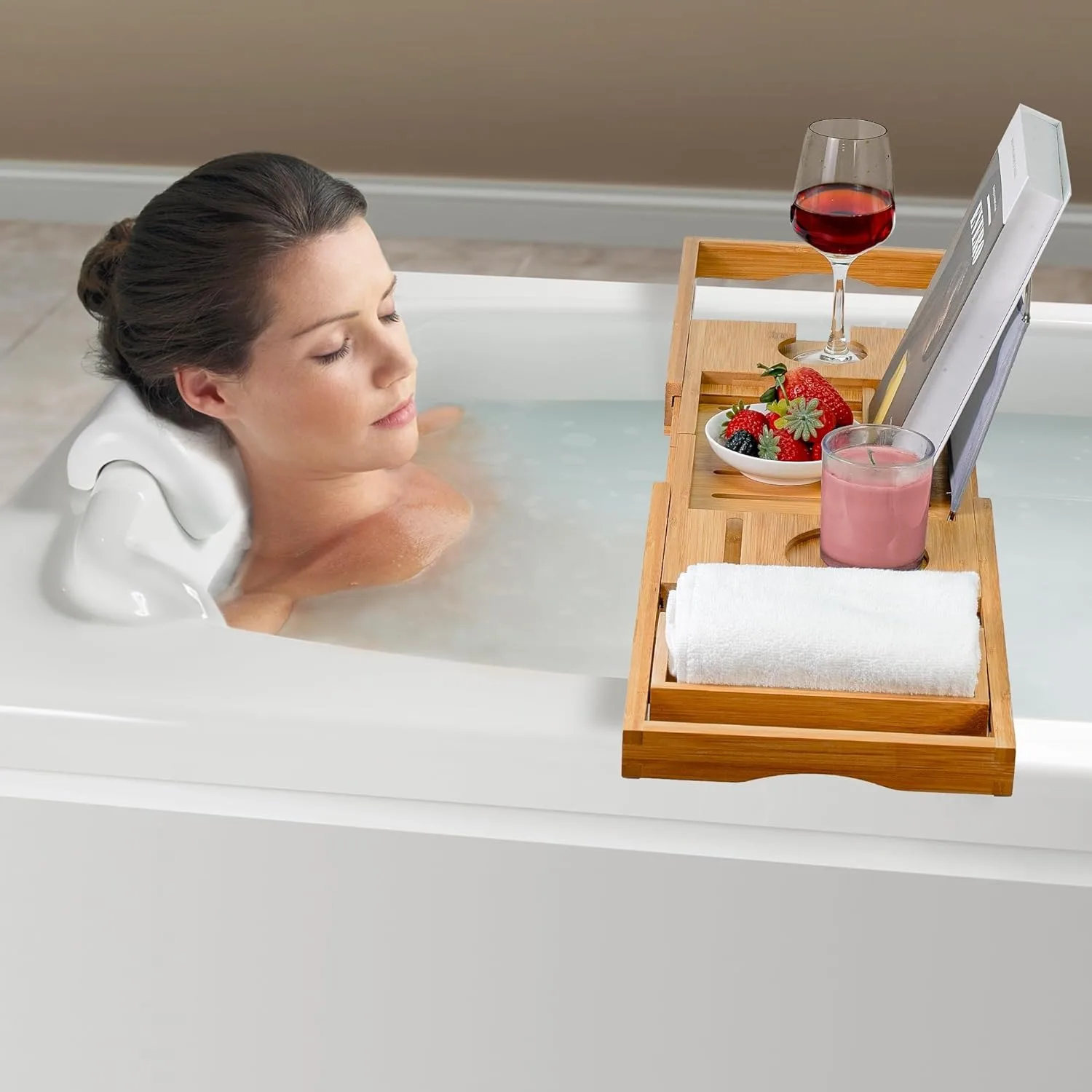 Utoplike Bamboo Bathtub Caddy Tray Bath Tray for Tub, Adjustable Bathroom Bathtub Organizer with Book Tablet Wine Glass Cup Towe