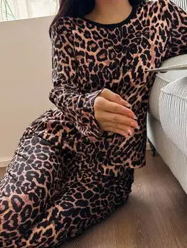 Leopard Print Long Sleeve Pajama Set Women Cozy Elegant Fall Winter Sleepwear 1