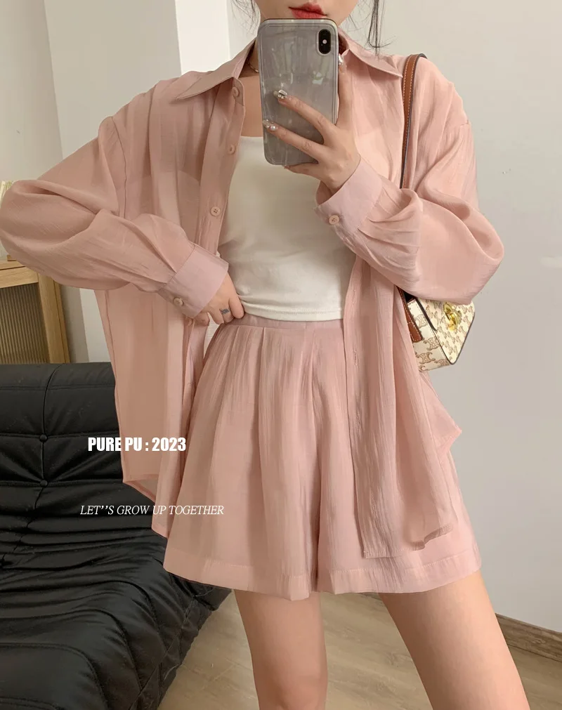 

Summer Solid Short Sets Two Piece Suits High Waist Shirt Shorts Women Turn Down Collar Long Sleeve Button Shirts Outfits Beach