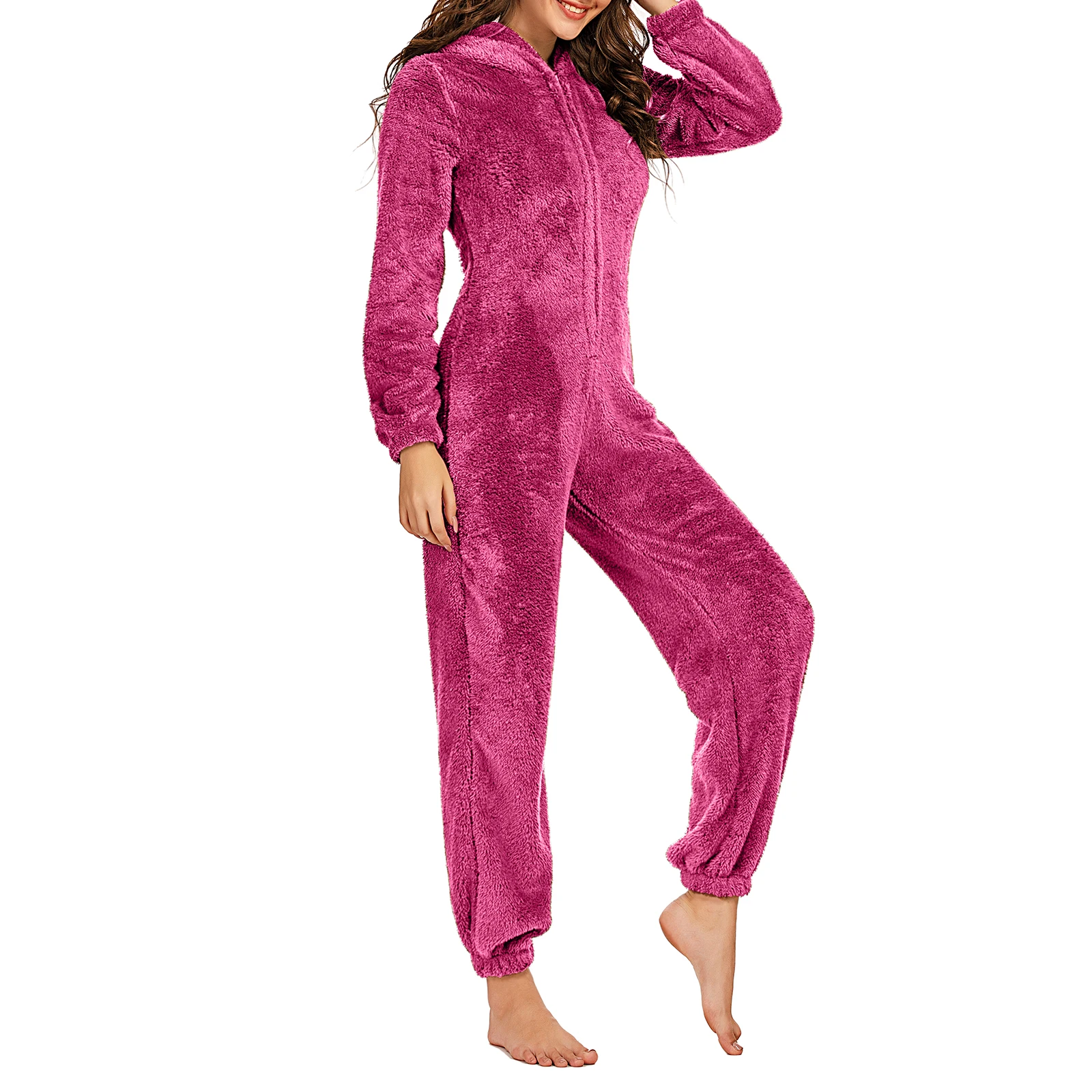 Women's Solid Color Plush Romper Winter Warm Pajamas Loose Long-Sleeve Zipper Hooded Home Wear