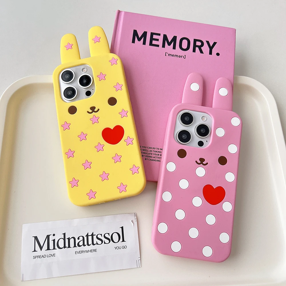 Kawaii Lovely 3D Cartoon Rabbit Soft Silicone Case for iPhone 16 15 14 13 12 Pro Max Funny Shockproof Back Cover Capas 2