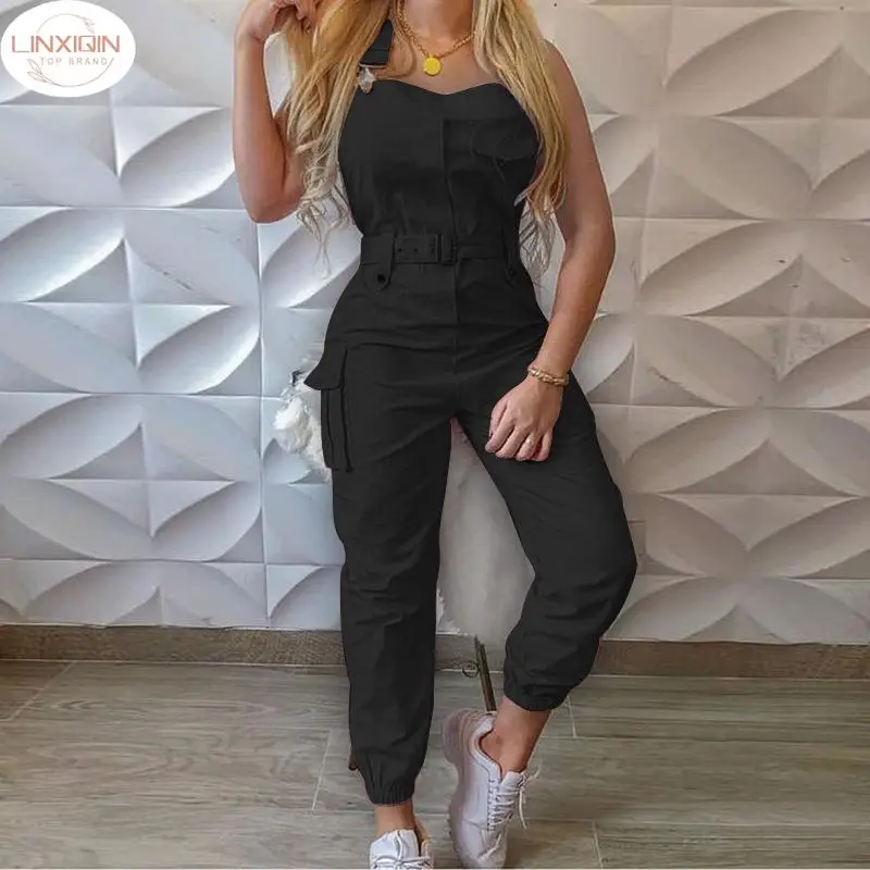 

LINXIQIN Women's jumpsuit High waist Slim waist Solid pocket Cargo pants Strap pants Sleeveless casual Overalls jumpsuit