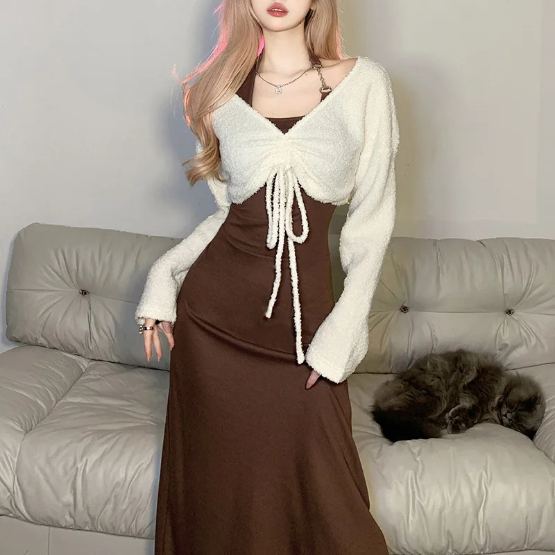 

Fashionable New Style Solid Color Slim V-Neck Long Sleeve High Waist Hanging Neck Women Dress