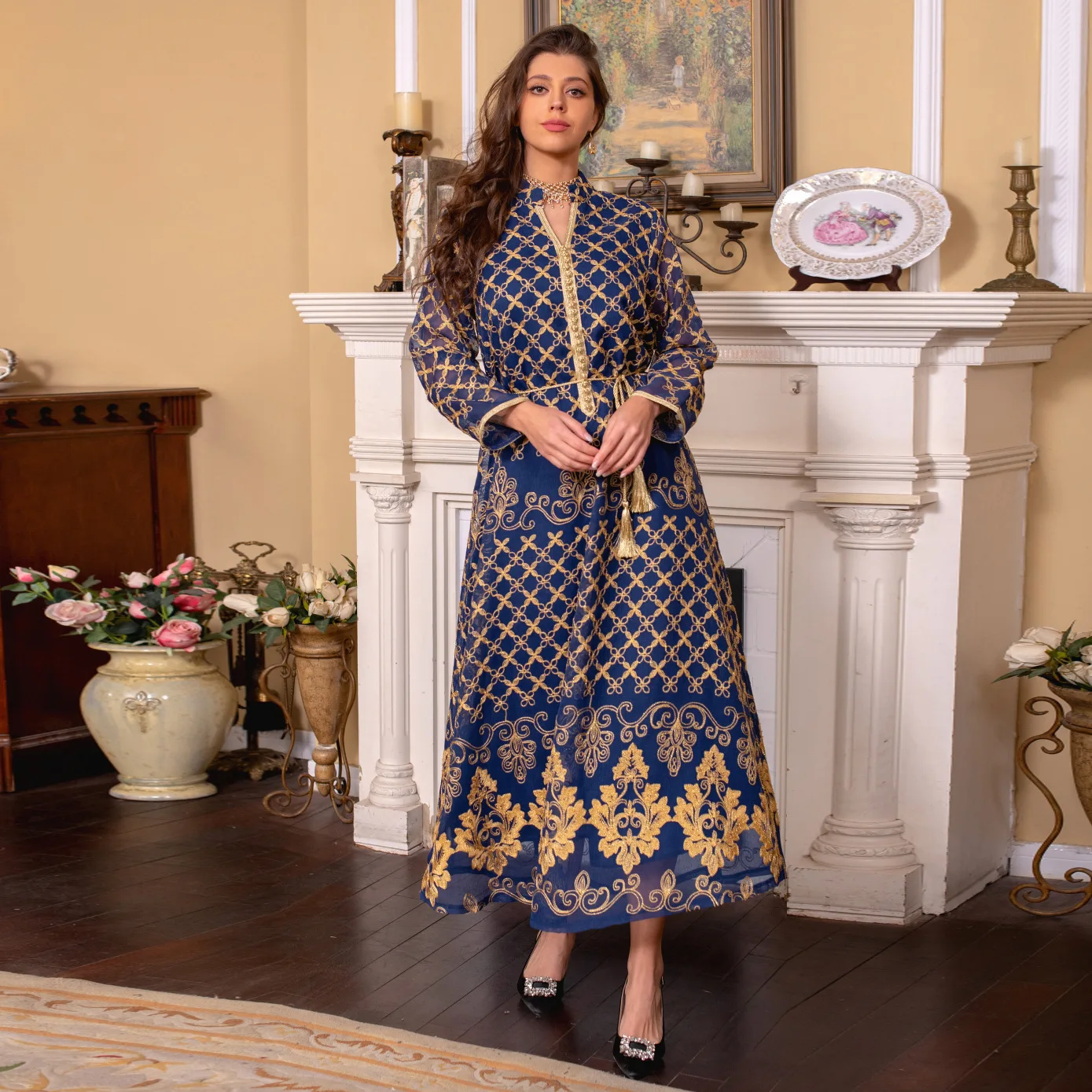 

Wepbel Islamic Clothing Caftan Dubai Long Sleeve Party Muslim Dress Muslim Abaya Embroidered Gown Robe Dress Saudi Women's Abaya