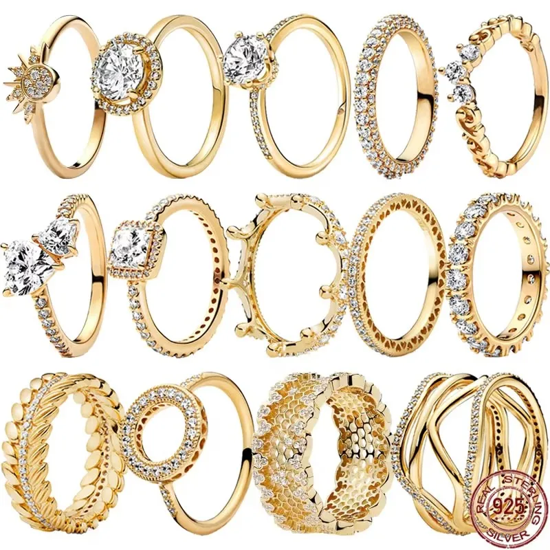 silver rings silver ring gold plated silver ring golden ring 925 Sterling Silver Classic Gold Color Shiny Circular Crown Ring Exquisite Luxury Charm Jewelry Surprise Party Gifts