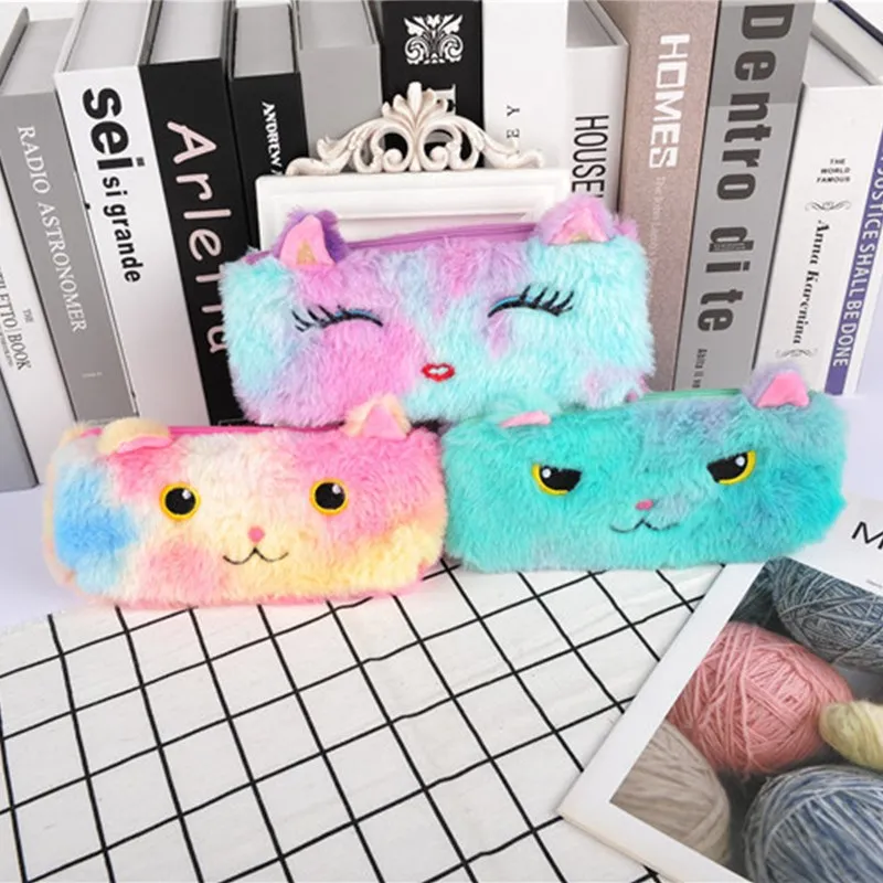 Fashion Laser Faux Fur Cartoon Fox Pencil Case Storage Pouch Purse Office School Supply Cancelleria Pencilcase Girl Makeup Bag