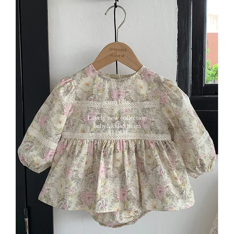 

Spring Summer Baby Girl Princess Bodysuit Vintage Floral Lace Romper Flowers Sisters Dress Newborn Rompers Children's Clothes