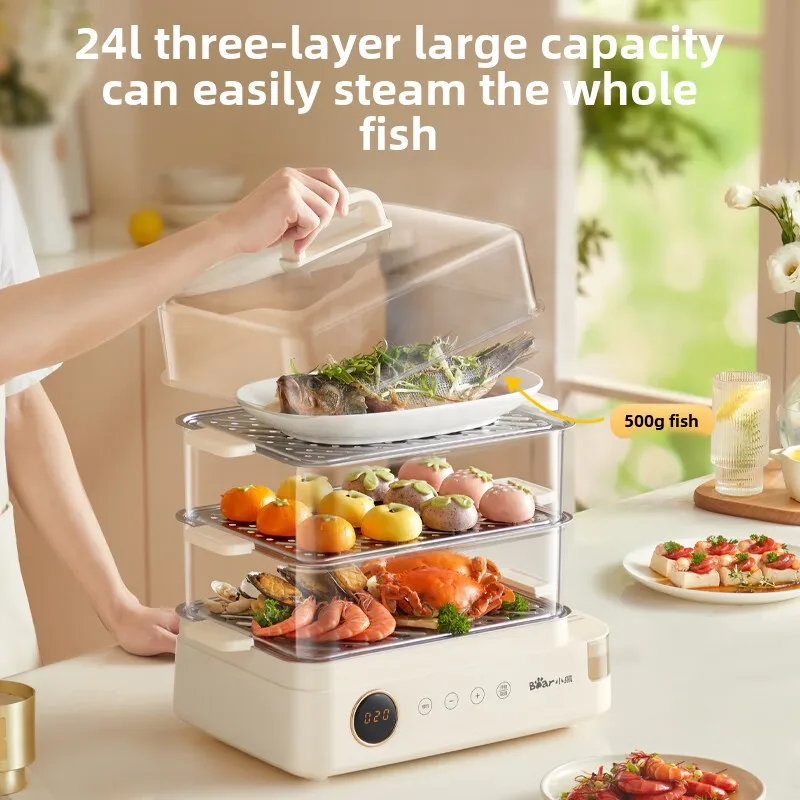 24L Electric Food Steamer with External Water Tank Stainless Steel Steaming Tray Multi-functional for Home Use DZG-CB3P2 220V