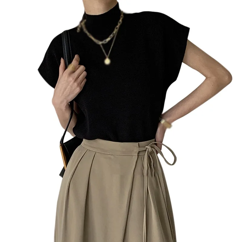 

Женский винтажный трикотажный топ с высоким воротником, Повседневная Туника, жилет с коротким рукавом в рубчик