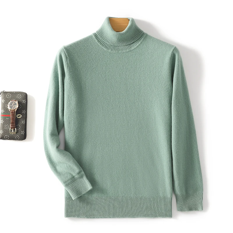 New autumn and winter 100% pure wool solid color men\'s turtleneck sweater loose long-sleeved knitted cashmere bottoming shirt