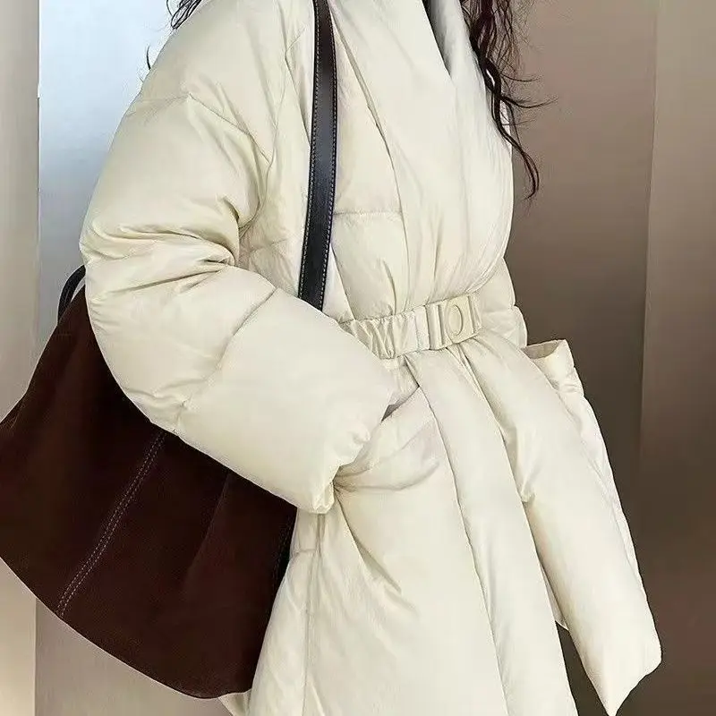 Women Winter V Neck Down Cotton Jacket 2025 New Women Warm Thicken Cotton Coat Korean Belt Waist Winter Outwear Women Parka Coat