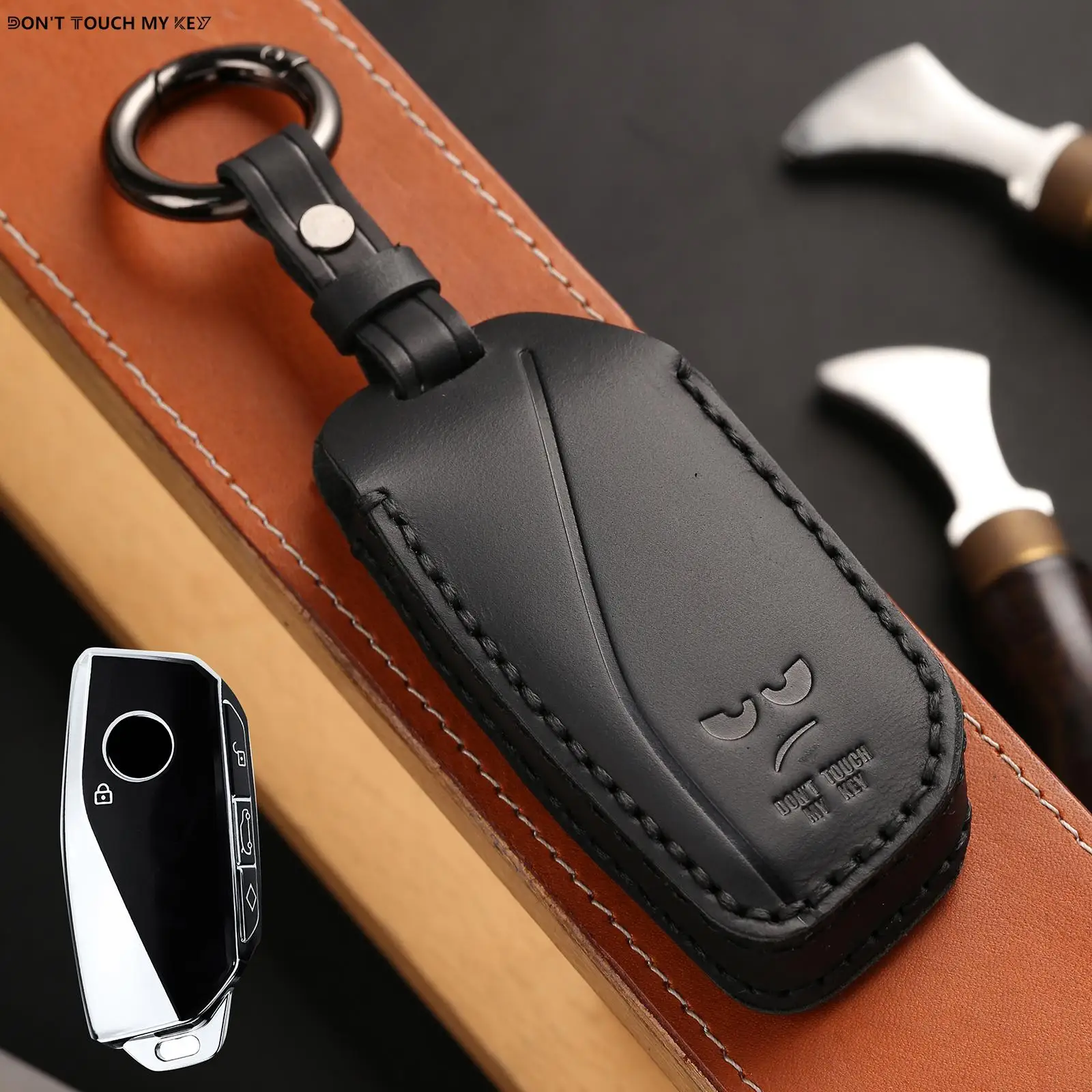 

Leather key case cover protector 3 button interior styling zinc alloy key ring chain for bmw ix I4 2 3 4 5 X3 X5 2021 2022 2023