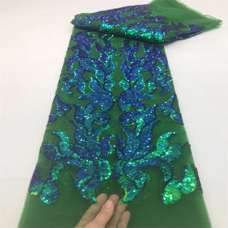 

2024 Green Fashion Raschel Net Sequence African Lace Fabric 5 Yards High Quality Sequins Nigerian Women Wedding Outfit Material