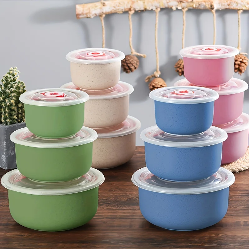 3Set Wheat Straw Freshness Bowl Plastic Microwave Oven Soup Bowl Crisper Practical Bowl round with Lid Lunch Box Salad Bowl
