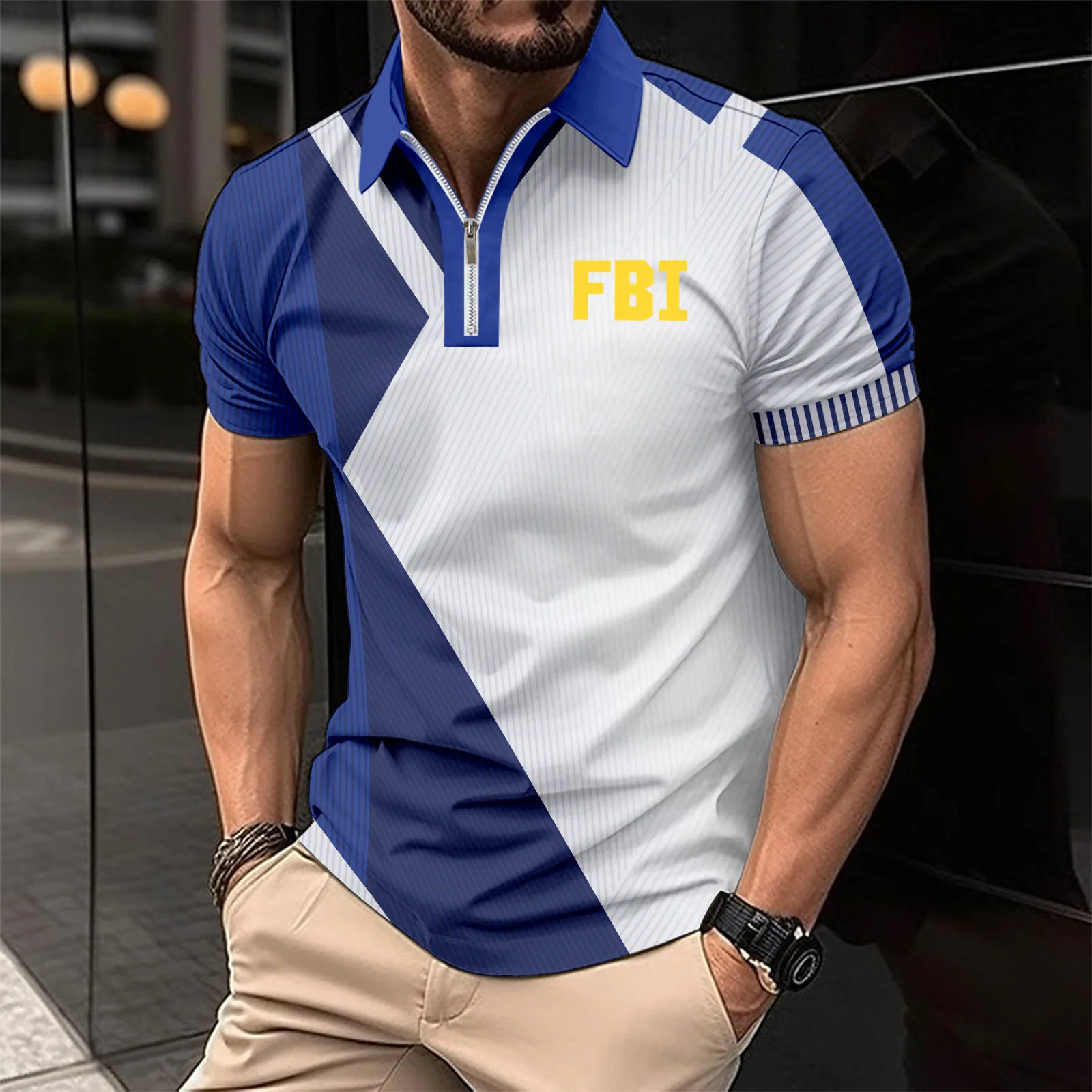 Description Picture 6 of itemPOLO shirt mens FBI print Color contrast striped casual men's shirt High quality breathable cool 3d POLO shirt Oversized T-shirt