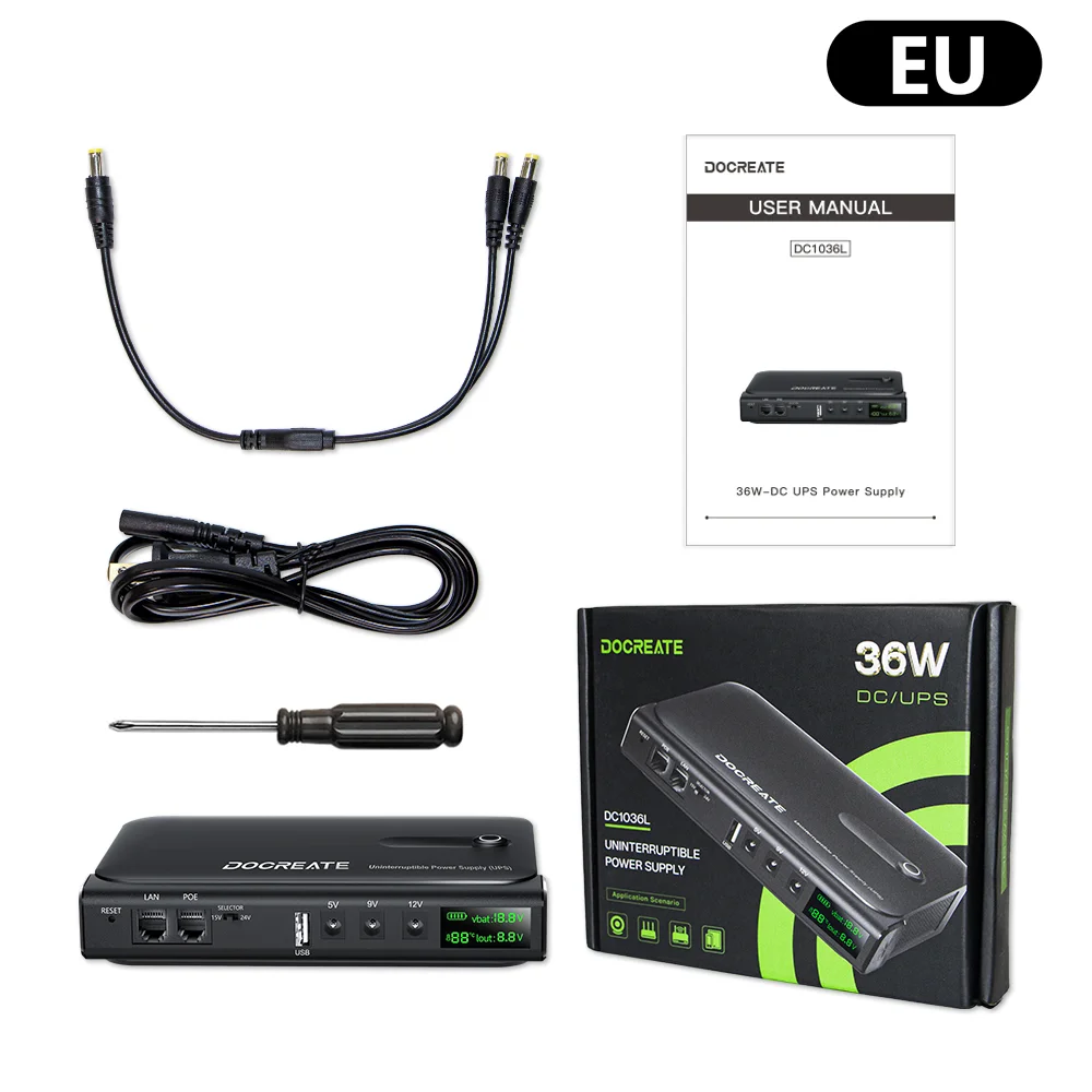 DC1036L 36W Digitale USV Unterbrechungsfreie Stromversorgung mit Verpolungsschutz Austauschbare 18650-Batterie 5V 9V 12V 15V 24V Ausgang für Router