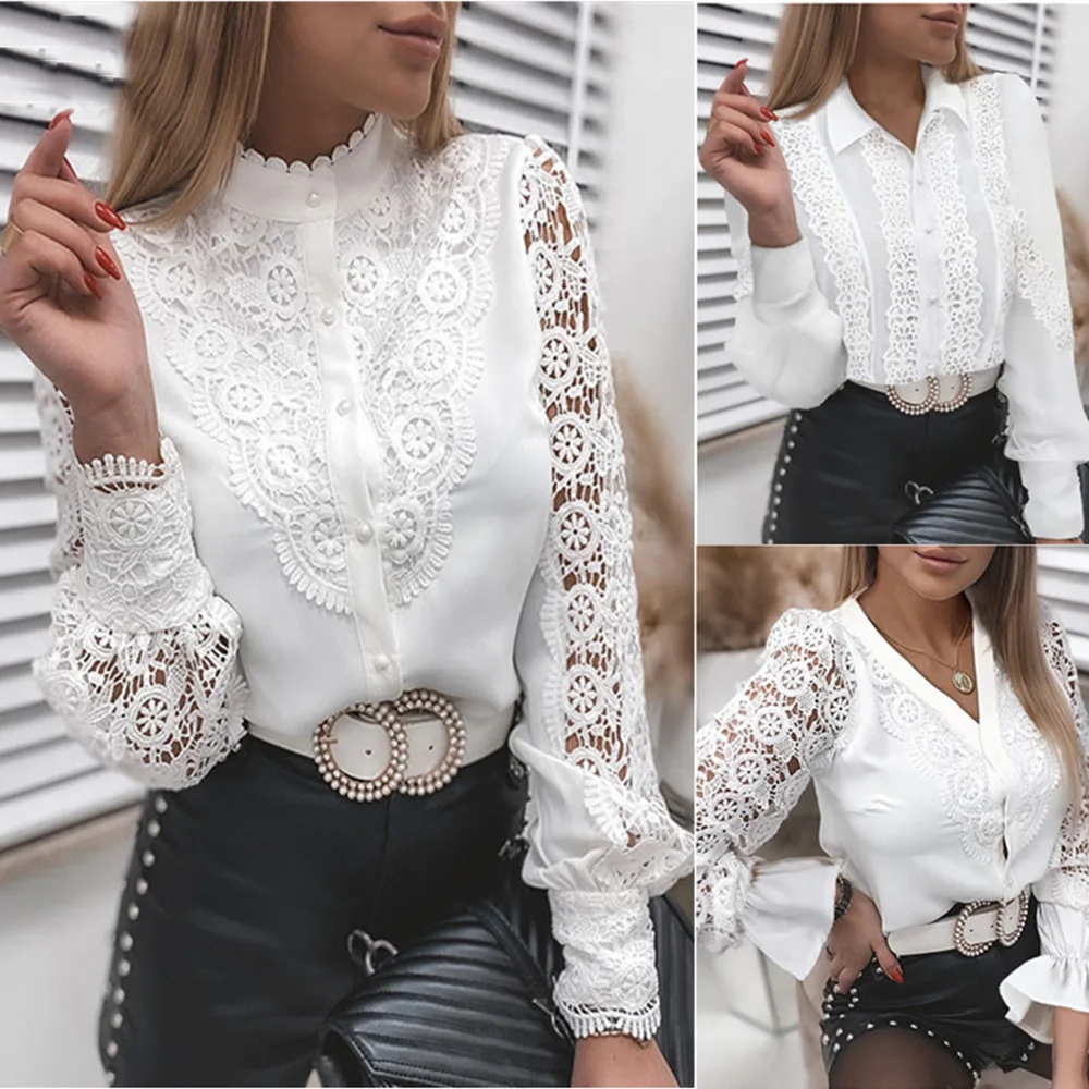 

Women Sexy White Lace Patchwork Hollow Out Shirt Blouse Long Sleeve O-Neck Mesh Tops 2023 Spring Prink Elegant Button Blusas Muj