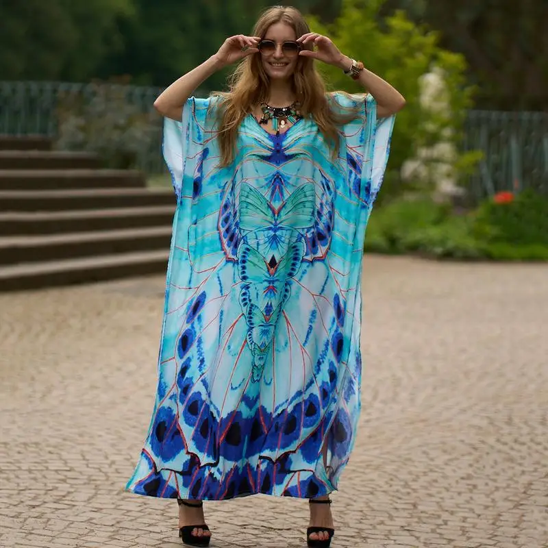 11 Colors New Boho Print Bikini Cover-ups Sexy Batwing Sleeve Maxi Dress Women Moroccan Kaftan Robe Beach Wear Rode Plage Sarong