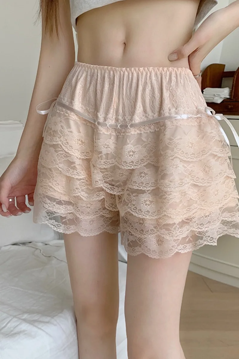 Sexy Lace Bow Tie Leggings For Women Shorts Autumn Wear High Waisted Wide Leg Short Pants Anti Glare Loose Cake Safety Pants