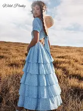  WildPinky 2022 Vintage Print Short Sleeve Summer Beach Sweet Dress Casual Square Collar Floral Long Layered Dress Vestidos Robe 