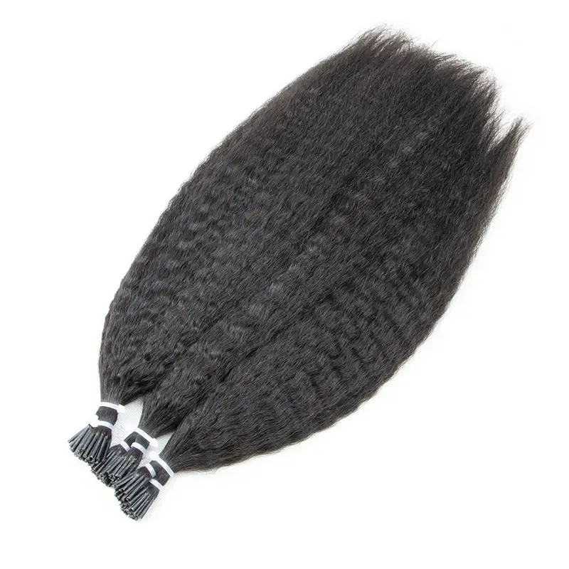 Kinky Straight I Tip Human Hair Extensions Cuticles Remy Micro Link With Free Beads 1.5cm 12