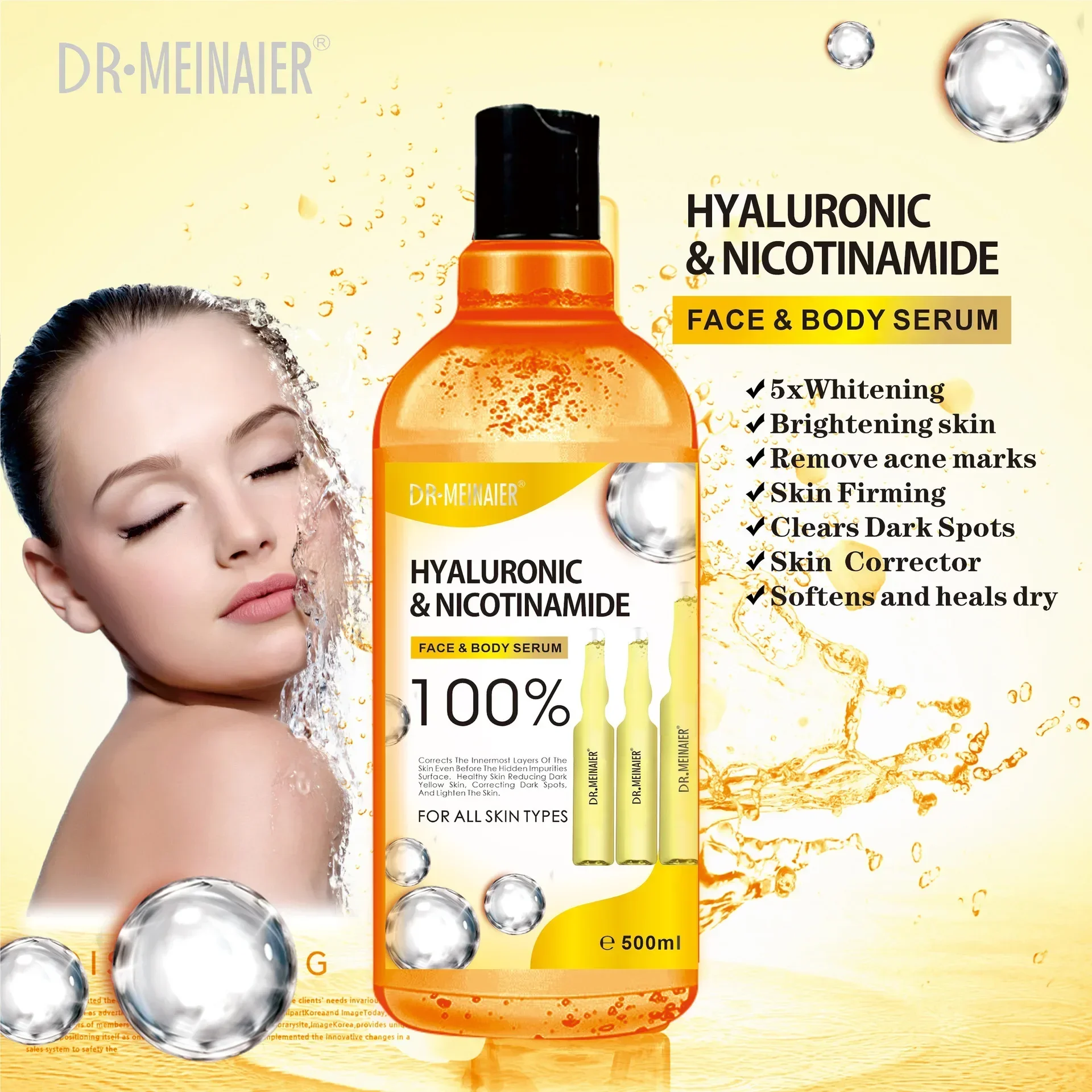 500ml Hyaluronic Acid, Nicotinamide Vitamin C AHA Face Serum Spots Eraser Corrector Whitening Moisturizing Lightening Body Serum 6