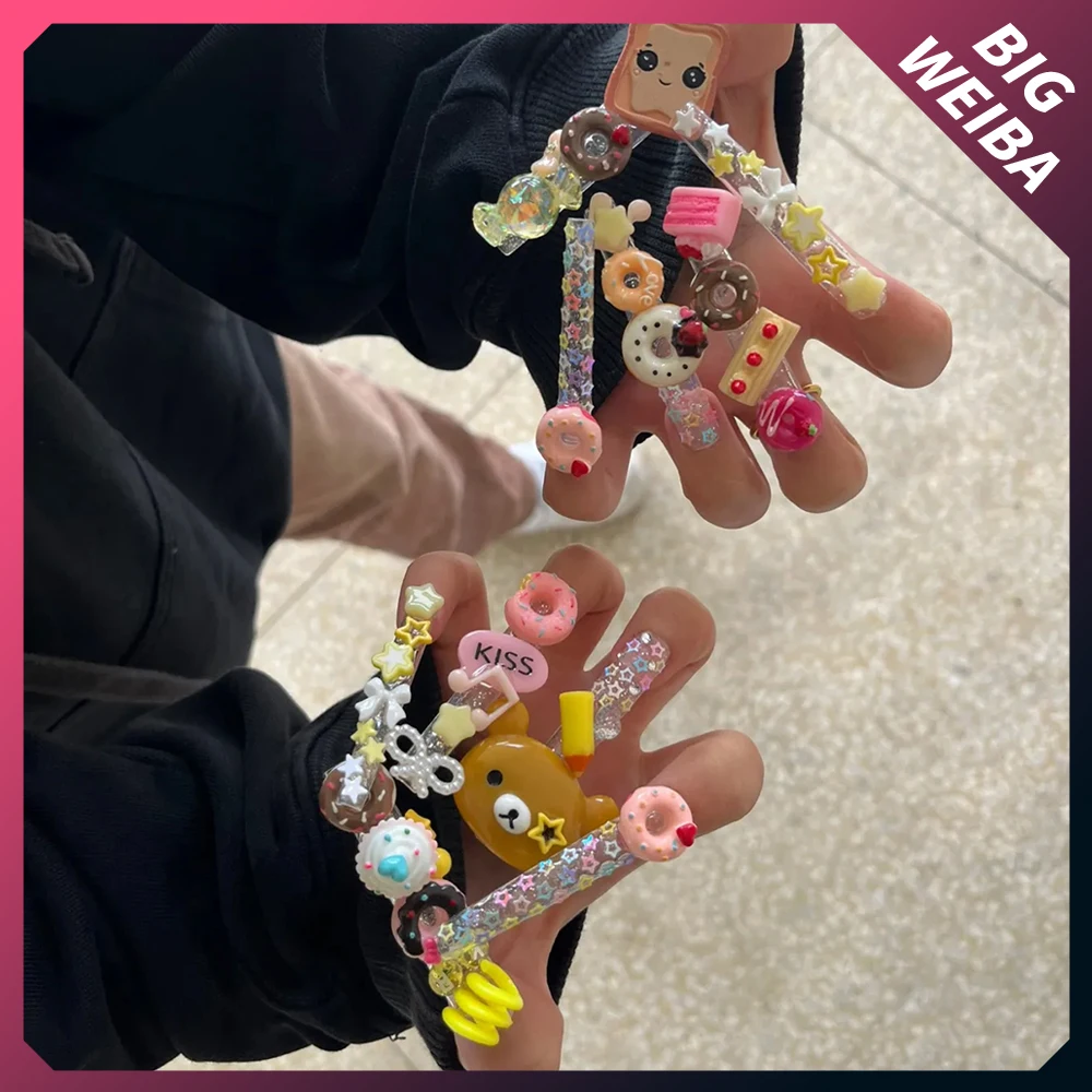 

XXXL Cute 3D Cartoon Long Square Artifical False Nails Hellokitty Mymelody Y2K Customized Style Diamond Cool Wearable Nails Tip